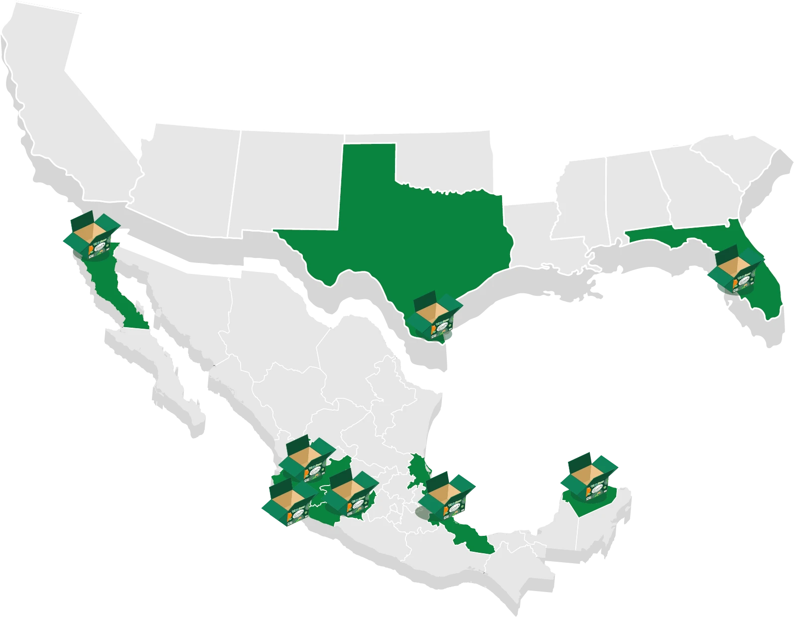 Mapa de México con estados donde SiCar Farms tiene presencia: Jalisco, Michoacán, Colima, Veracruz y Yucatán